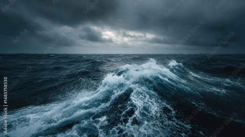 Fototapeta premium Rolling waves clash with dark clouds over an expansive ocean at twilight