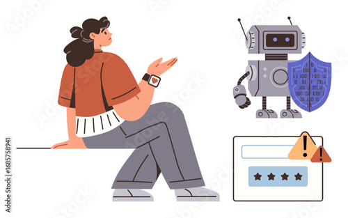 Woman gesturing towards robot with shield, password input box with warning icon. Ideal for cybersecurity, technology, AI interaction, data privacy, user engagement, online security, simple flat