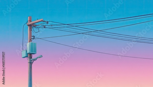 Pastel-toned utility pole with wires against a vibrant sunrise/sunset sky