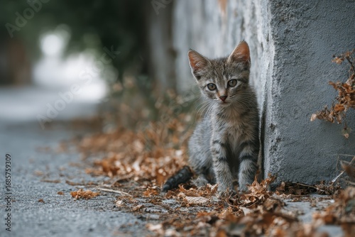 Homeless kitten gazing curiously at the camera while exploring a quiet street lined with leaves and soft shadows during daylight hours
