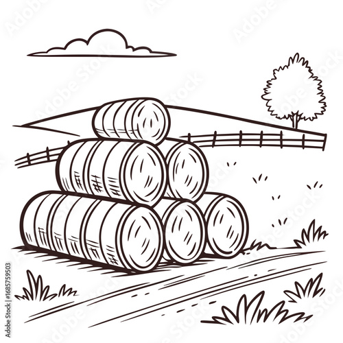 Hay bale farm drawing sketch. Hand drawn haystack. Isolated vector illustration.