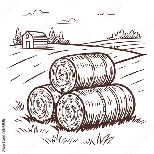 Hay bale farm drawing sketch. Hand drawn haystack. Isolated vector illustration.