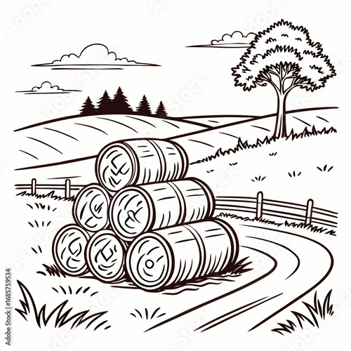 Hay bale farm drawing sketch. Hand drawn haystack. Isolated vector illustration.
