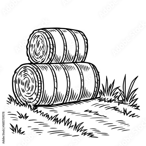 Hay bale farm drawing sketch. Hand drawn haystack. Isolated vector illustration.