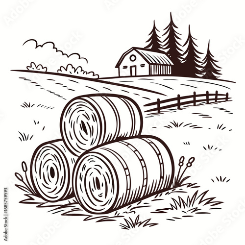 Hay bale farm drawing sketch. Hand drawn haystack. Isolated vector illustration.