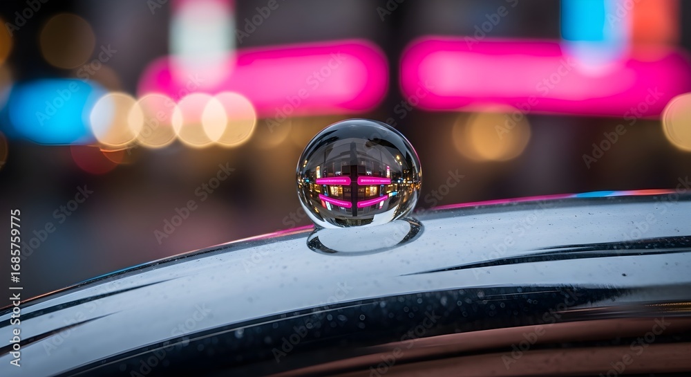 Obraz premium Crystal ball on a shiny metallic surface reflecting vibrant, blurred urban neon lights and bokeh, offering a unique perspective on city life.