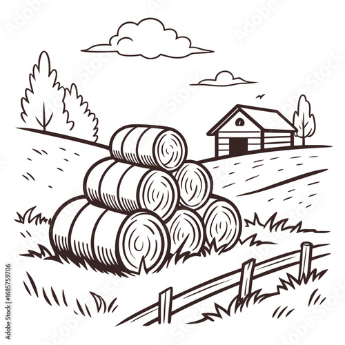 Hay bale farm drawing sketch. Hand drawn haystack. Isolated vector illustration.
