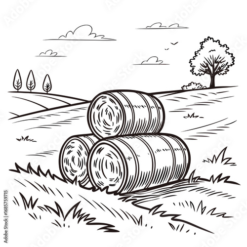 Hay bale farm drawing sketch. Hand drawn haystack. Isolated vector illustration.