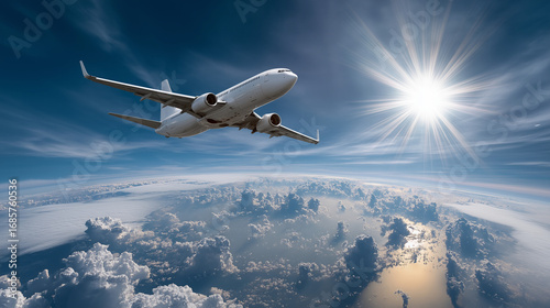 An airplane circles the world, the adventurous scene illuminated by gentle sunlight. Airplane, world, with copy space