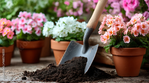 Fototapeta Naklejka Na Ścianę i Meble -  A garden shovel filled with rich, dark soil sits next to a clay pot with flowers