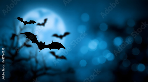 Halloween Bats Silhouette Flying with Blurry blue Night Behind