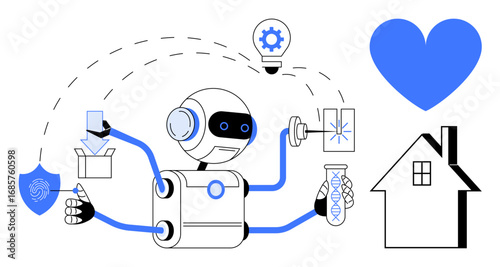 Autonomous robot managing tasks thumbs up research, home care, security, automation. Ideal for AI, technology, innovation, automation smart homes robotics and futuristic concepts. Perfect