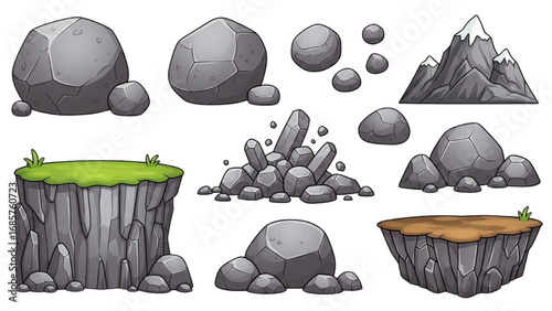 Cartoon Stone and Rock Clipart Vector Set | Grey Boulders, Pebbles, Rubble, and Rocky Landscape Elements