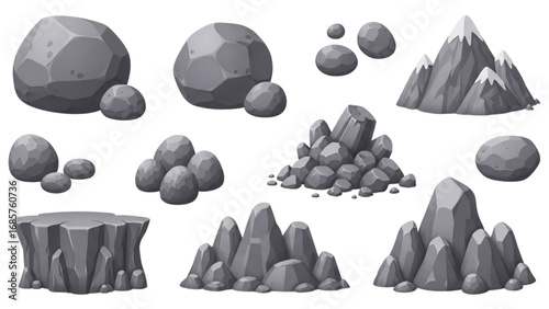 Cartoon Stone and Rock Clipart Vector Set | Grey Boulders, Pebbles, Rubble, and Rocky Landscape Elements