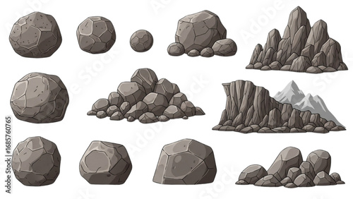 Cartoon Stone and Rock Clipart Vector Set | Grey Boulders, Pebbles, Rubble, and Rocky Landscape Elements