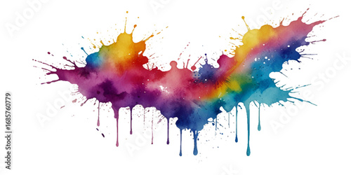 abstract rainbow creative horizontal banner from paint splashes. Bright colorful watercolor splash splatter stain brush strokes on white background. Modern vibrant aquarelle spot. Rainbow trendy