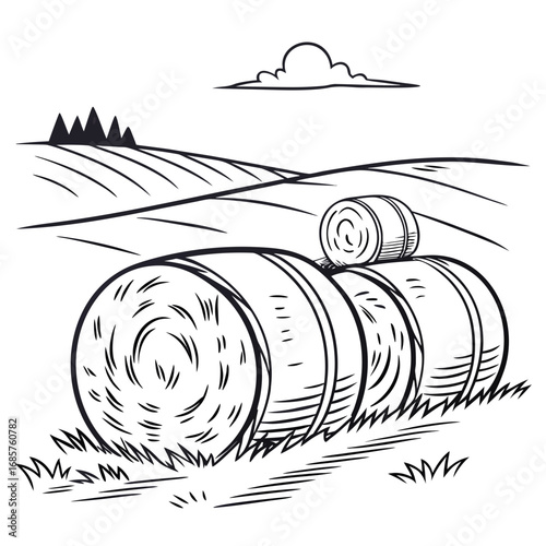 Hay bale farm drawing sketch. Hand drawn haystack. Isolated vector illustration.