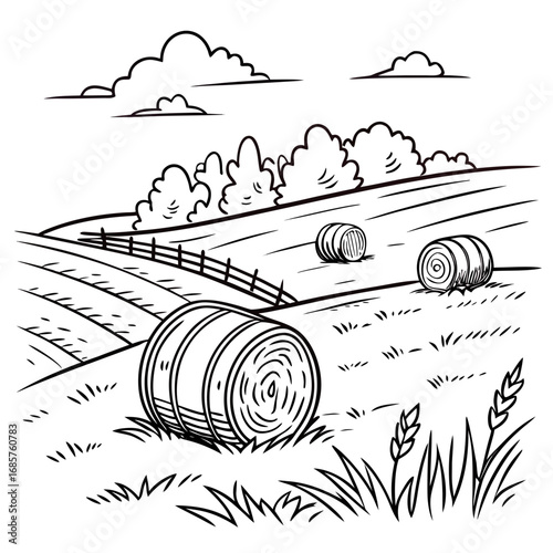 Hay bale farm drawing sketch. Hand drawn haystack. Isolated vector illustration.