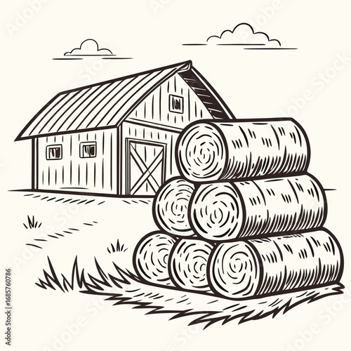 Hay bale farm drawing sketch. Hand drawn haystack. Isolated vector illustration.