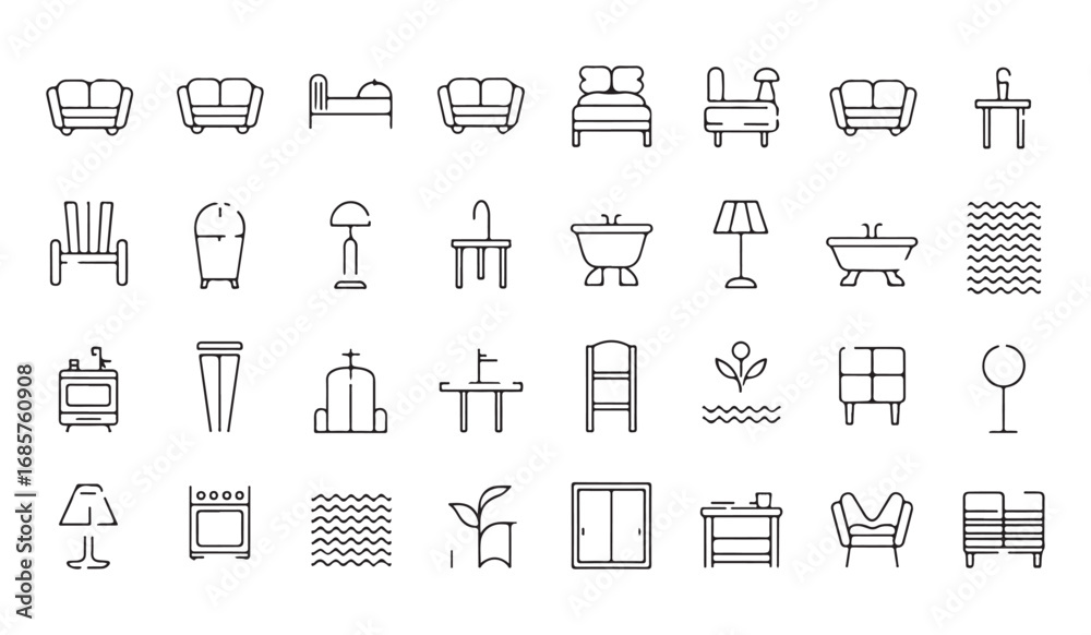 Minimalist furniture silhouette vector pack, outline icons for home and office interior, sofas, chairs, tables, lamps, cabinets, decor Minimalist furniture silhouette vector pack, outline icons for home and office interior, sofas, chairs, tables, lamps, cabinets, decor
