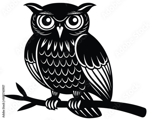 Vector art of black and white silhouette of an owl perched on a branch