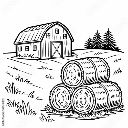 Hay bale farm drawing sketch. Hand drawn haystack. Isolated vector illustration.