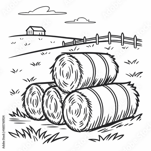 Hay bale farm drawing sketch. Hand drawn haystack. Isolated vector illustration.