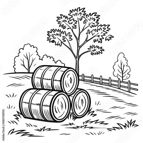 Hay bale farm drawing sketch. Hand drawn haystack. Isolated vector illustration.
