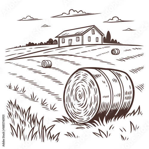 Hay bale farm drawing sketch. Hand drawn haystack. Isolated vector illustration.