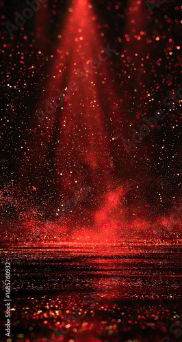 Red stage lights illuminating glittering particles