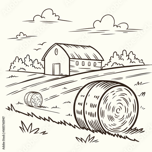 Hay bale farm drawing sketch. Hand drawn haystack. Isolated vector illustration.