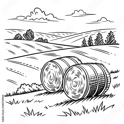 Hay bale farm drawing sketch. Hand drawn haystack. Isolated vector illustration.