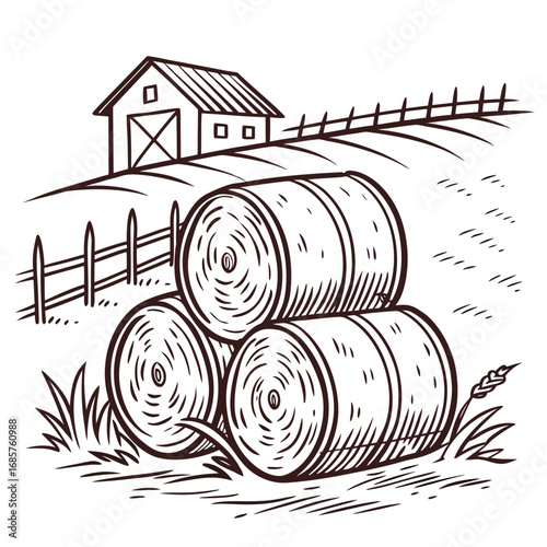 Hay bale farm drawing sketch. Hand drawn haystack. Isolated vector illustration.