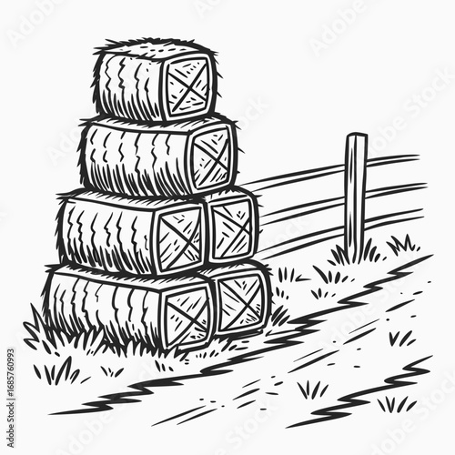 Hay bale farm drawing sketch. Hand drawn haystack. Isolated vector illustration.