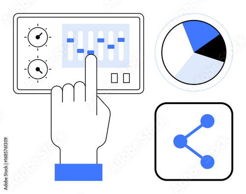 Hand interacting with control panel sliders, pie chart, and share icon. Ideal for technology, data management, analytics, decision-making, connectivity, sharing and simple landing page