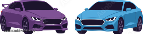 Two sports cars in purple and blue colors vector illustration with sleek design and modern style 