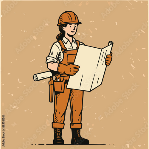 Female construction worker holding blueprint wearing hard hat and protective gloves vector illustration 