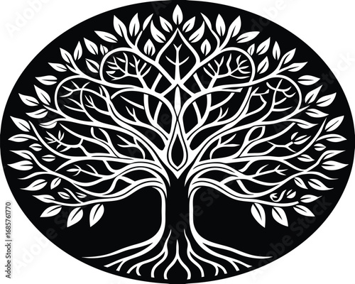 Vector art of intricate black and white illustration of the tree of life with detailed branches and roots