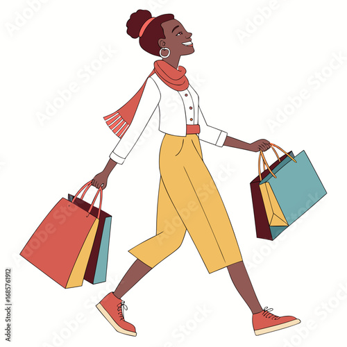 Stylish woman smiling and carrying several colorful bags.