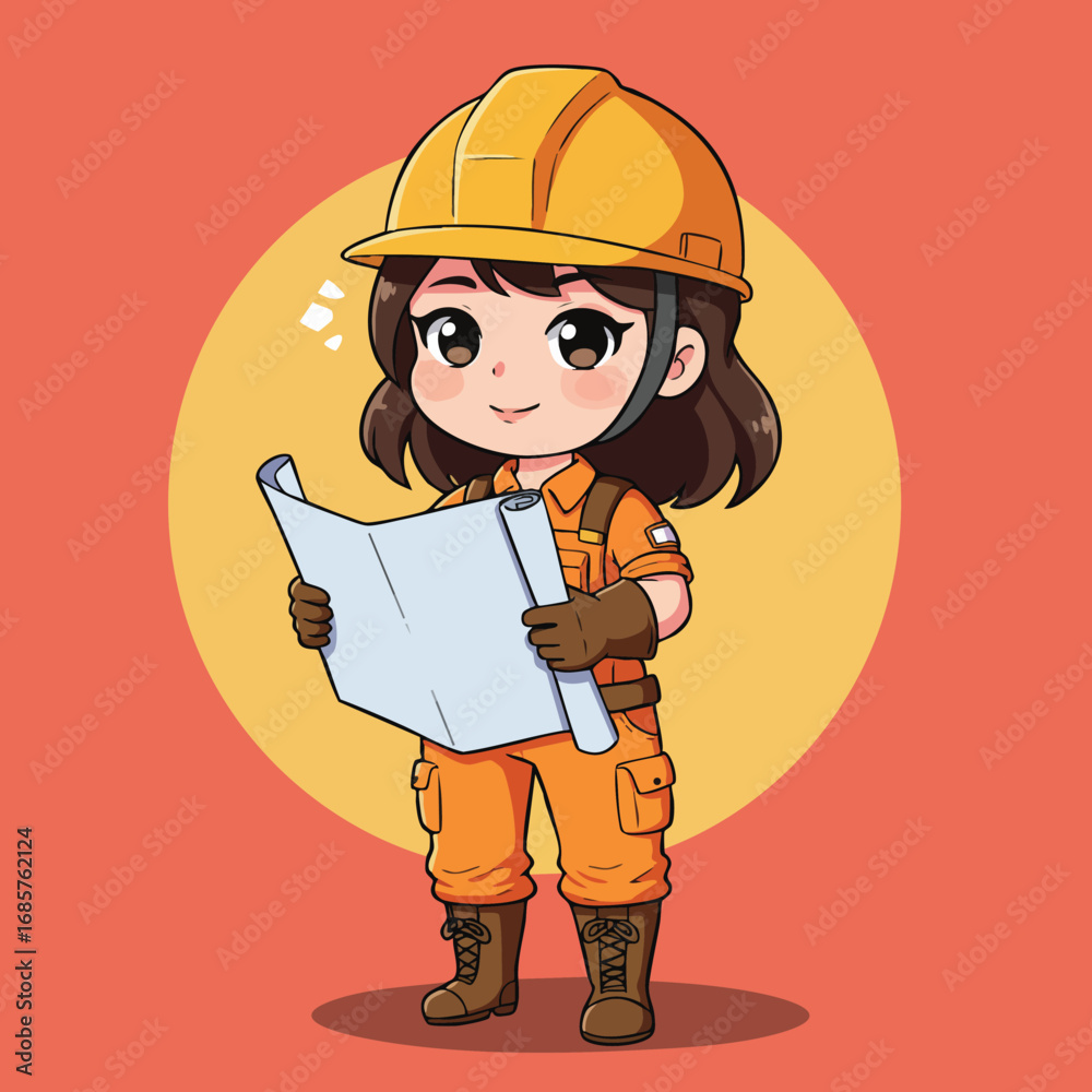 Fototapeta premium Female construction worker holding blueprint in safety gear and orange uniform vector illustration