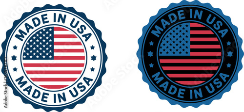 Patriotic emblems display 'Made in USA' with American flags, signifying national origin and pride.