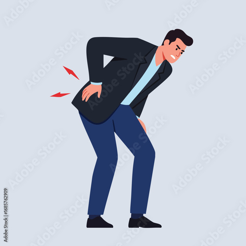 Man experiencing back pain in casual clothing holding painful area vector illustration 
