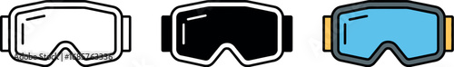 Set of three diverse ski goggles illustrations, showcasing different styles and colors for winter sports protection