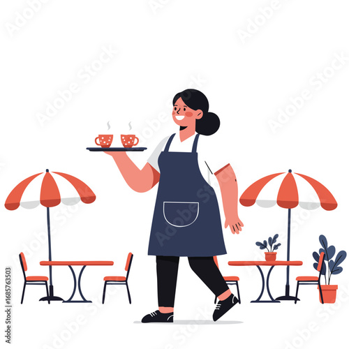 Female waiter carrying tray with hot drinks in outdoor cafe setting with umbrellas and plants vector illustration 