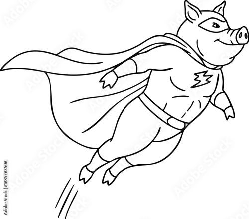 Flying superhero pig with cape and lightning bolt emblem vector illustration in dynamic pose