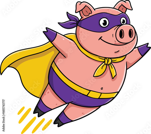Flying pig superhero character in purple mask and yellow cape cartoon vector illustration 
