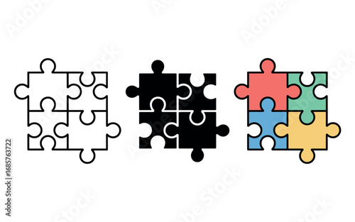 Three puzzle piece sets representing different styles: outline, solid black, and colorful.