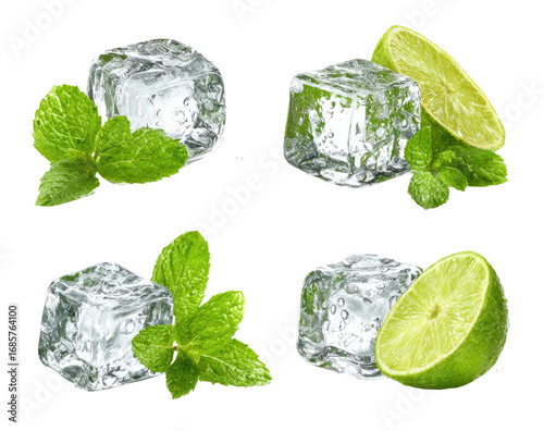 Four ice cubes, each with a lime wedge and fresh mint leaves.  Clear, crisp image of chilled ingredients