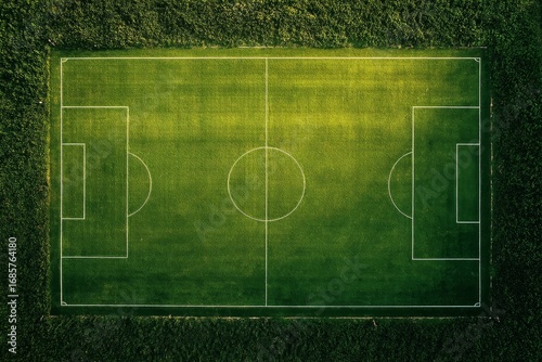Aerial view of green soccer field surrounded by grass and nature in sunlight.