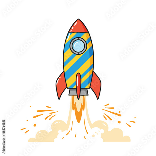 Colorful striped rocket ship launching with orange flames and smoke vector illustration in cartoon style 